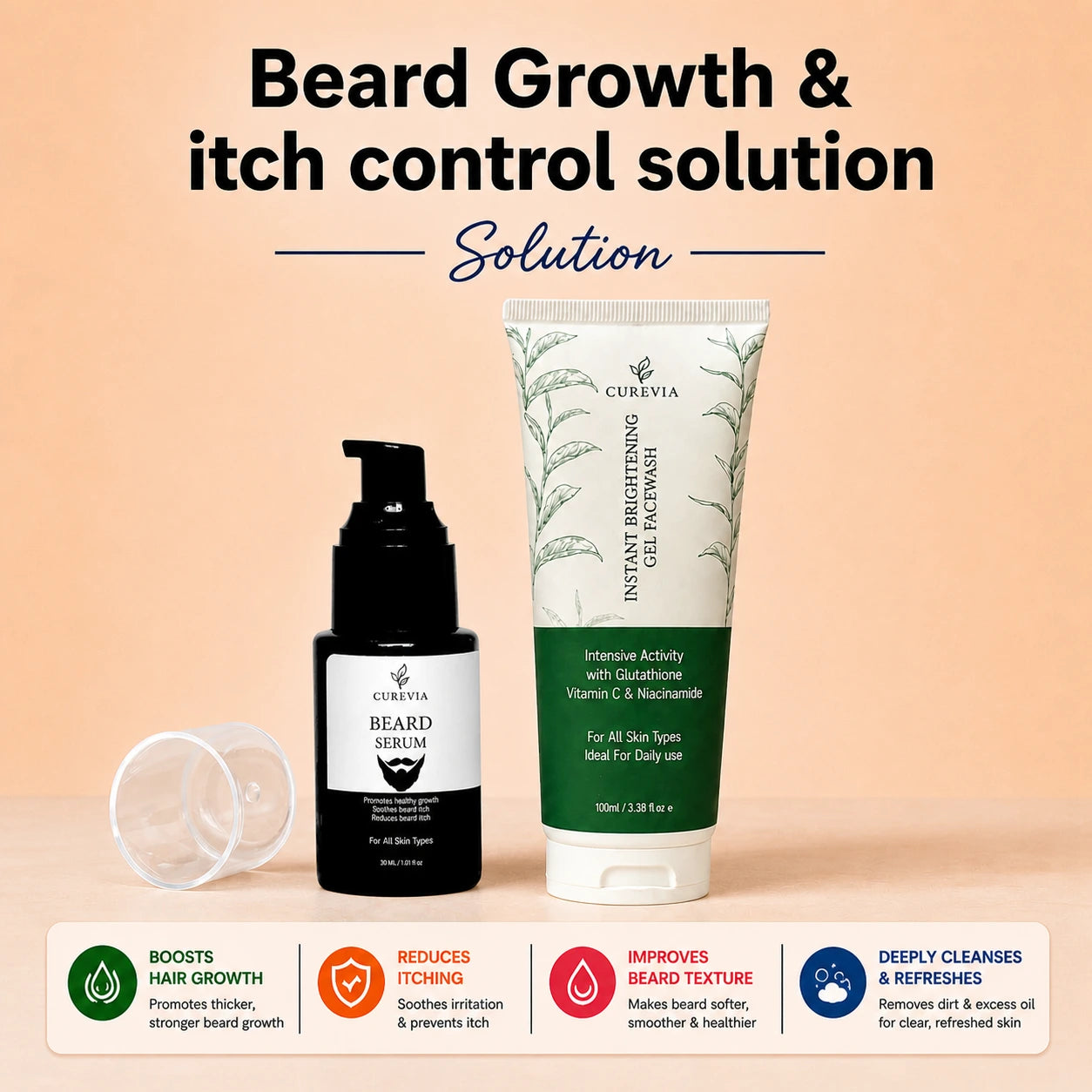 Curevia Beard Growth and Itch Control Solution with Brightening Facewash and Beard Serum