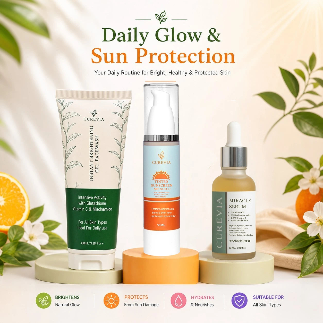 Curevia Daily Glow and Sun Protection bundle with Facewash, Vitamin C Serum and SPF 60 Sunscreen