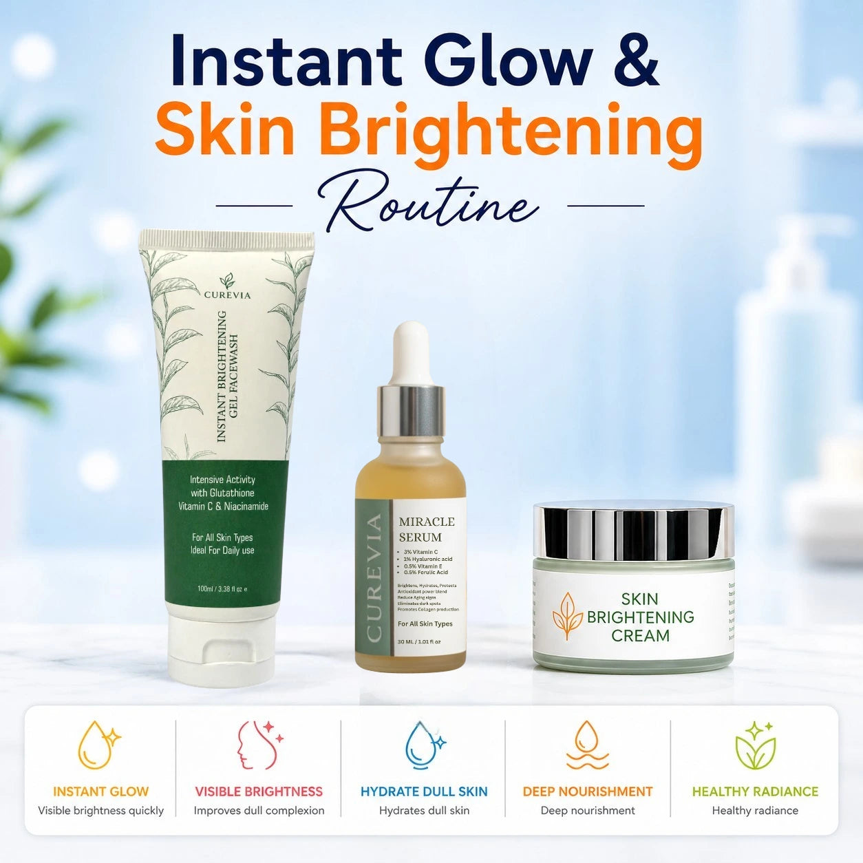 Curevia Instant Glow and Skin Brightening Routine with Facewash, Vitamin C Serum and Brightening Cream.