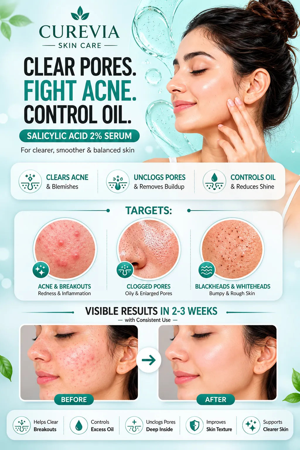 Curevia Acne Control and Oil Clearing Serum infographic highlighting acne care and pore-clearing benefits